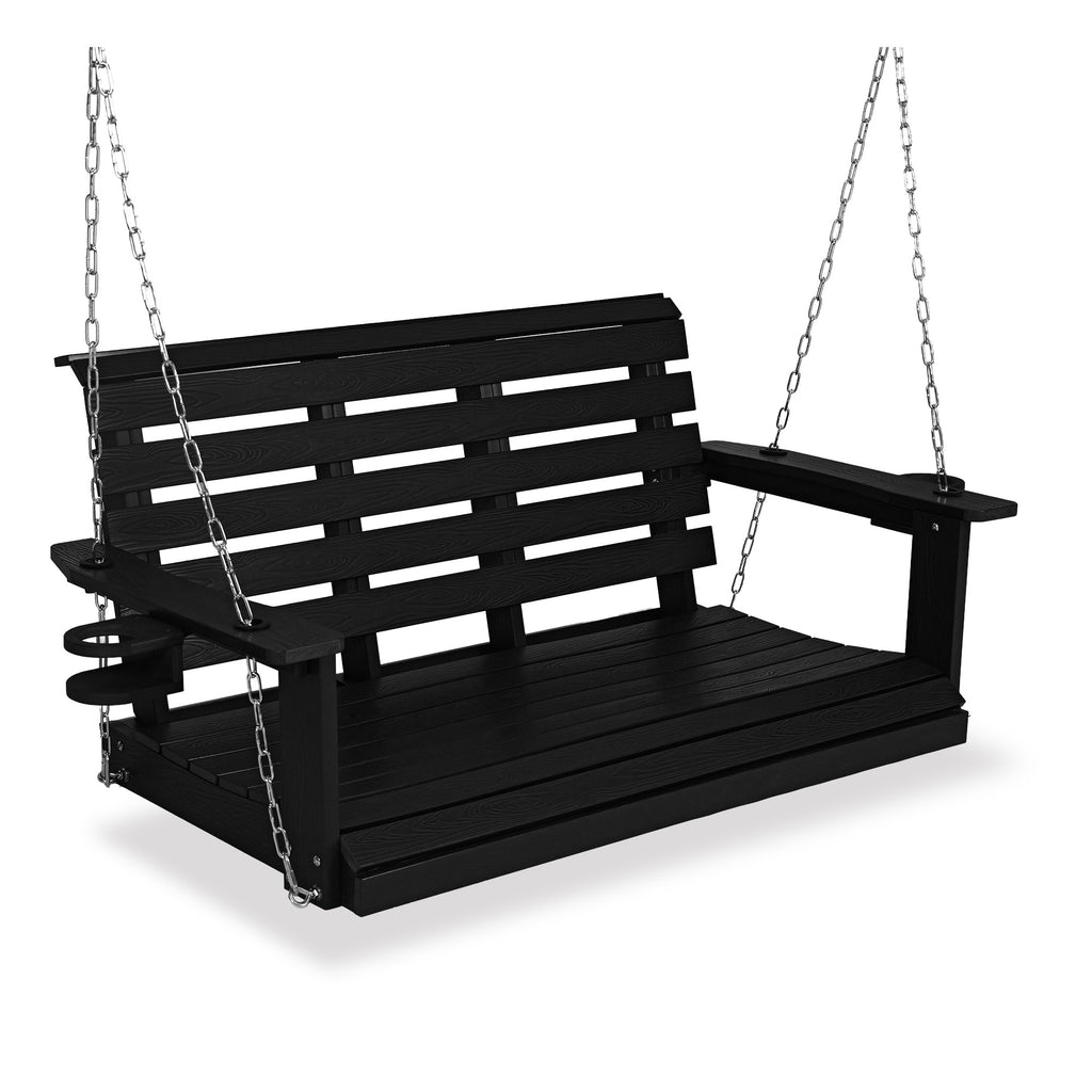 Poly Lumber 2-Seat Porch Swing, HIPS 4-Feet Bench Swing with Foldable Cup Holders,18/8 Stainless Steel Hardware, High Backrest and Deep Contoured Seat (Carbon Black, 4-feet)