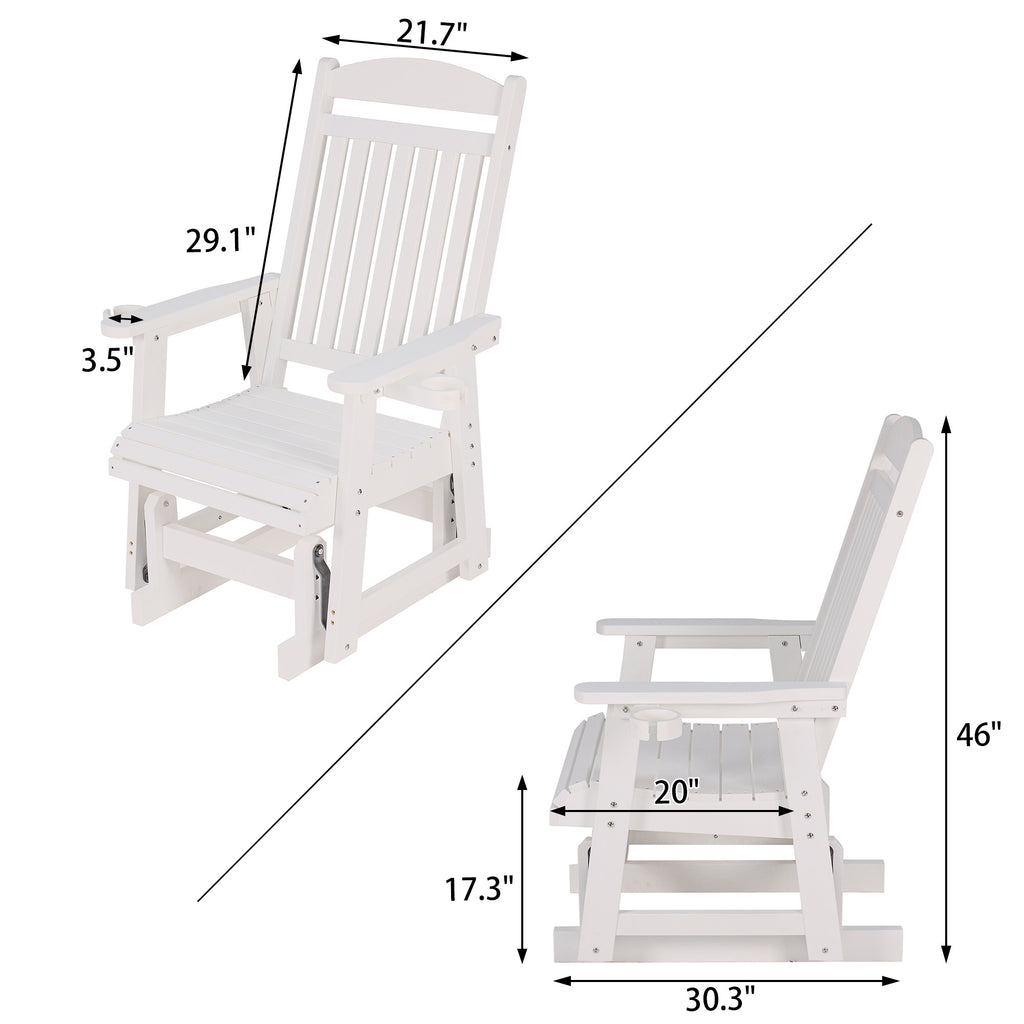 Poly Lumber Patio Glider for One Person, with Cup Holders, High Backrest and Deep Contoured Seat, HIPS Material, All-Weather Resistant, Heavy Duty 700 LBS (Ivory White)