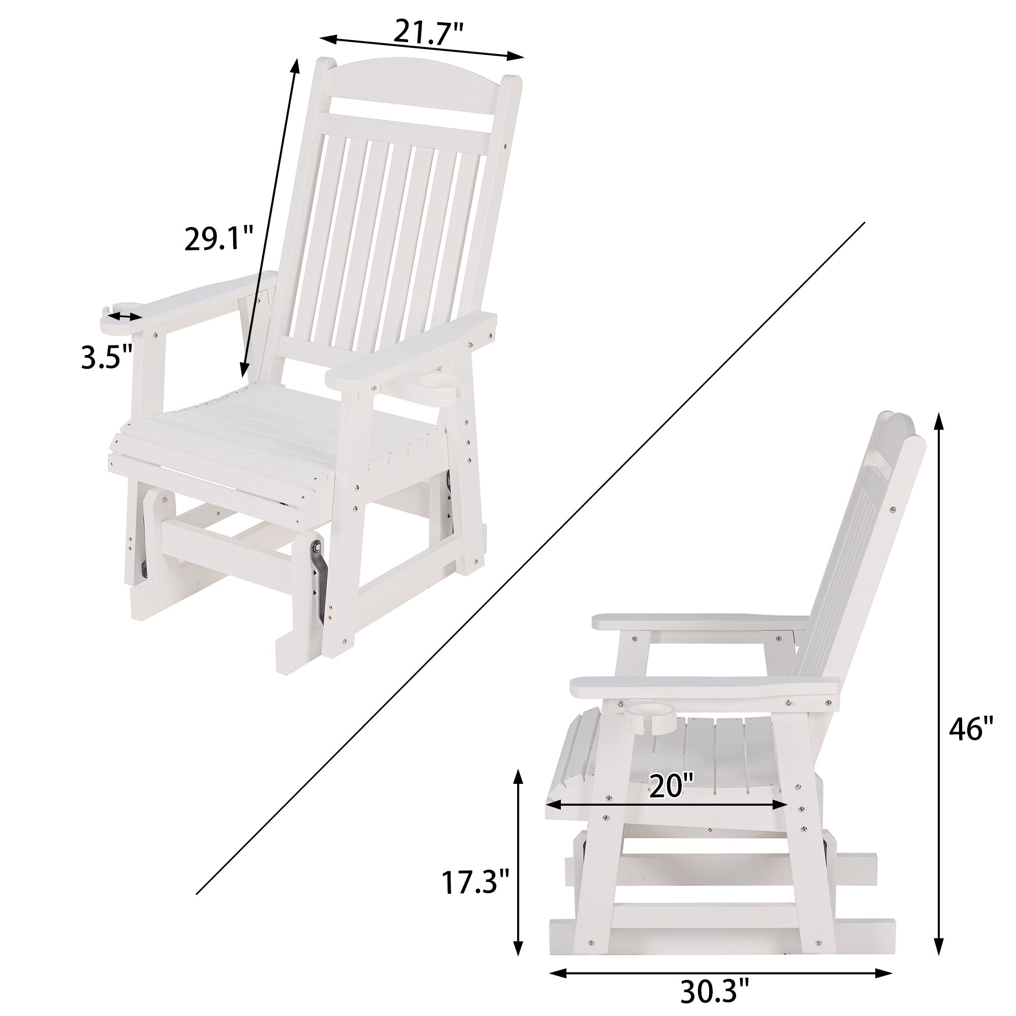 Poly Lumber Patio Glider for One Person, with Cup Holders, High Backrest and Deep Contoured Seat, HIPS Material, All-Weather Resistant, Heavy Duty 700 LBS (Ivory White)