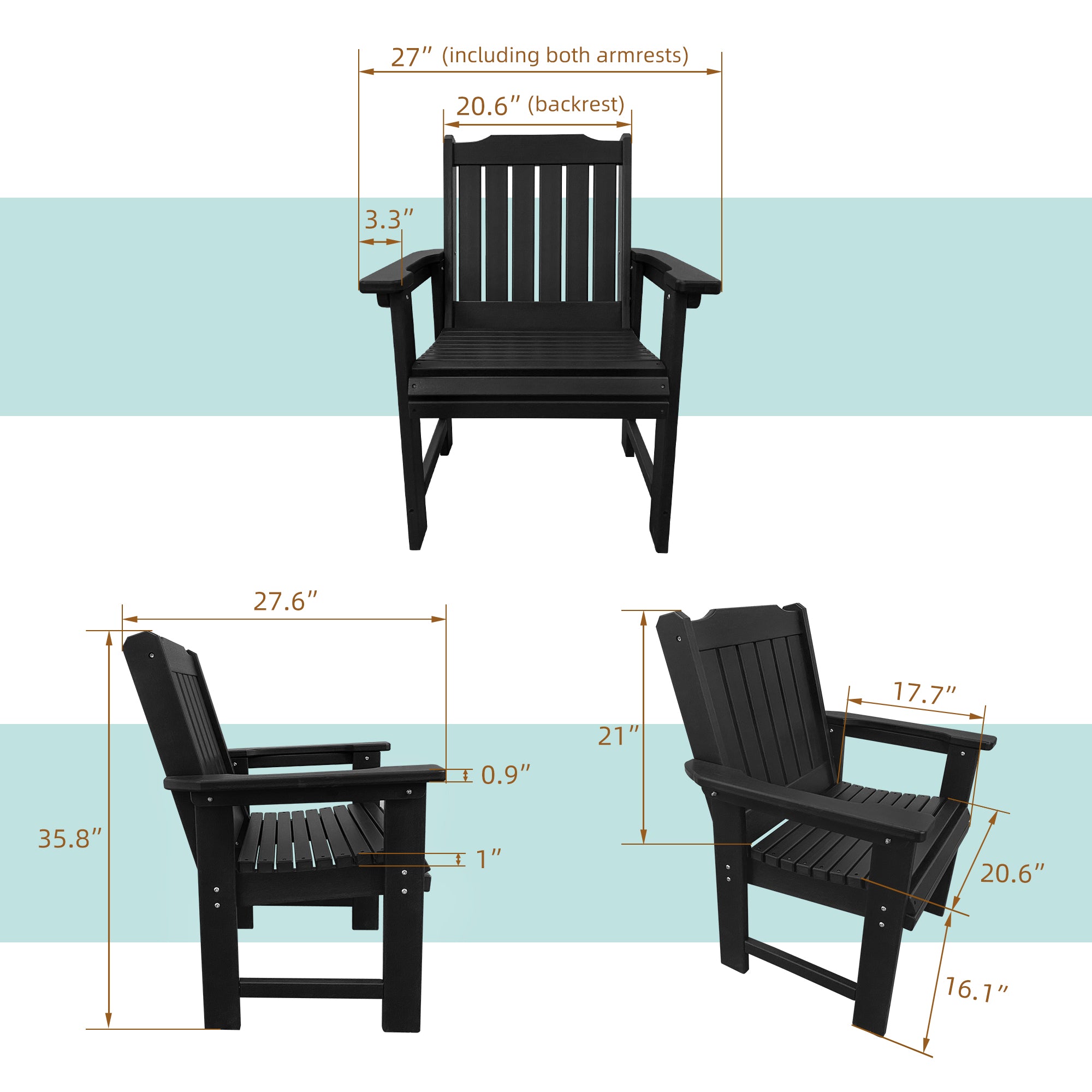 HDPE Patio Dinning Chair, Outdoor Chair with 18/8 Stainless Steel Hardware, Heavy Duty 600 LBS, for Outdoor Patio Garden Yard (Carbon Black)