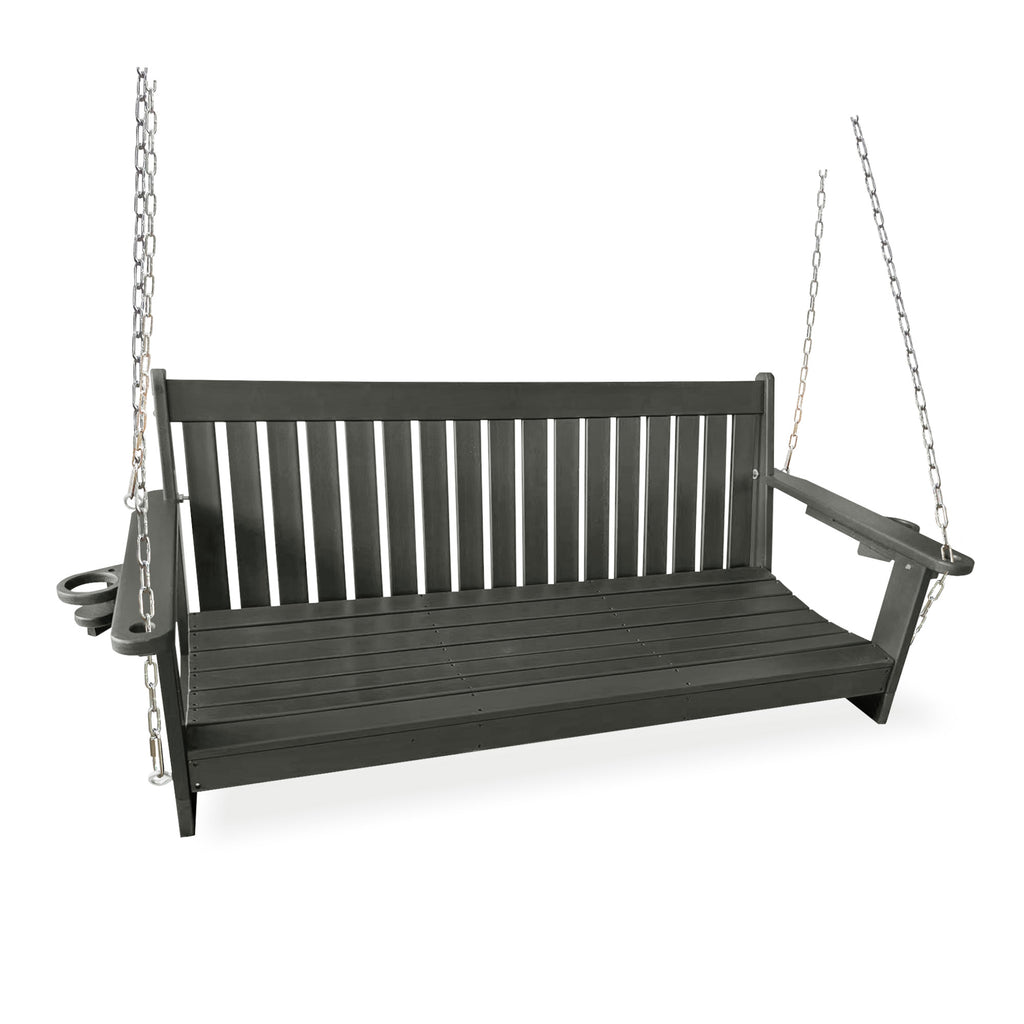 HDPE 3-Seater Porch Swing, 5-Feet Bench Swing with Foldable Cup Holders,18/8 Stainless Steel Hardware, High Backrest and Deep Contoured Seat (Gray, 5-feet)