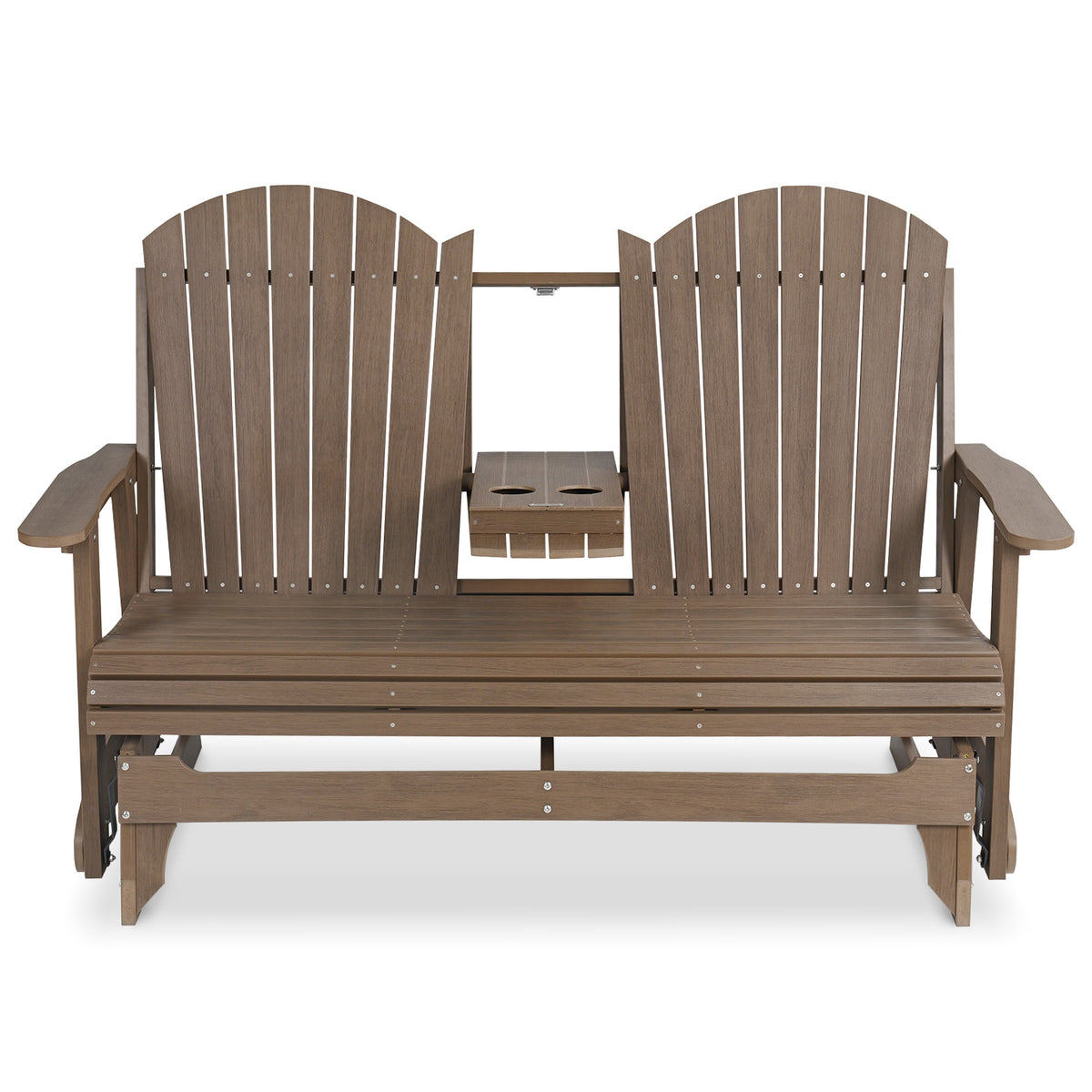 HIPS Patio Glider with Foldable Cup Holders, Durable Poly Lumber Material, All-Weather Resistant, High Backrest and Deep Contoured Seat, Heavy Duty 900 LB, for Outdoor, Porch, Patio (Brown, 3-Seat)