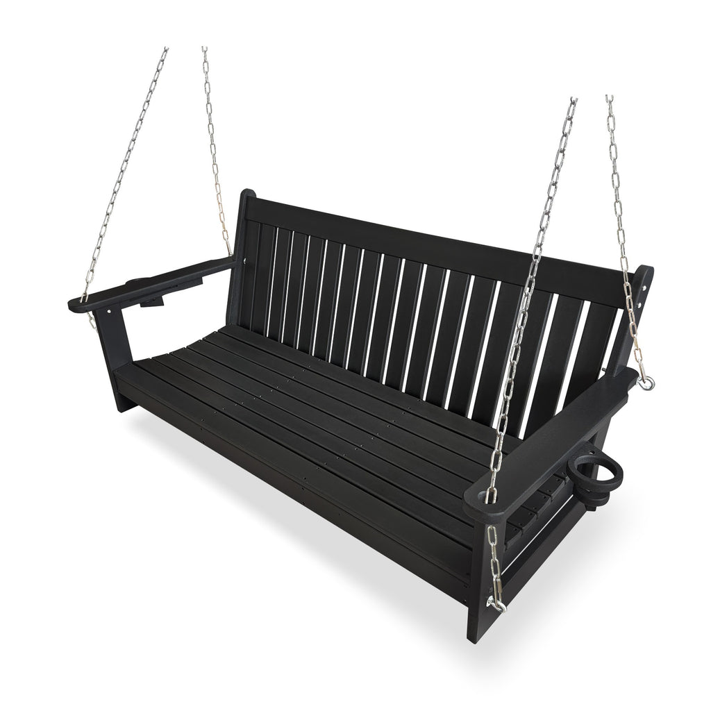HDPE 3-Seater Porch Swing, 5-Feet Bench Swing with Foldable Cup Holders,18/8 Stainless Steel Hardware, High Backrest and Deep Contoured Seat (Black, 5-feet)