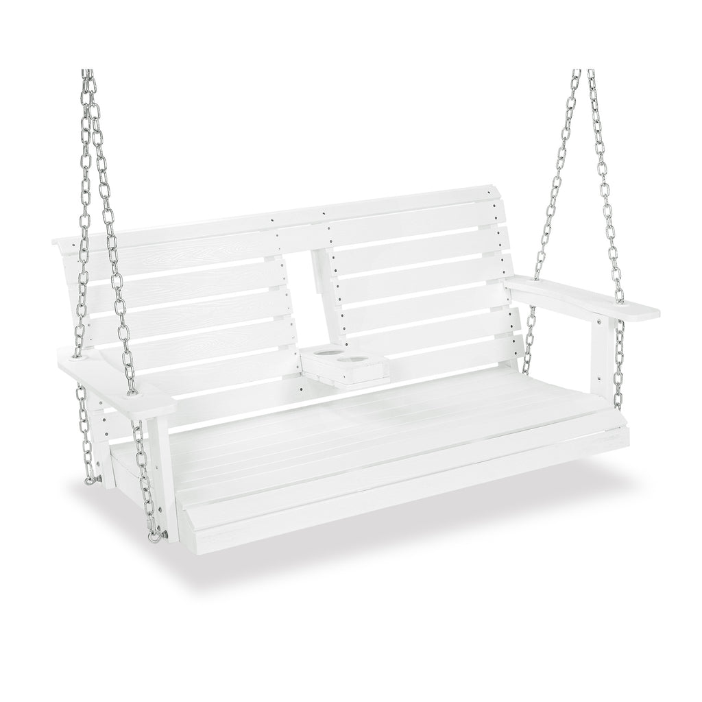 Poly Lumber 2-Seat Porch Swing, HIPS 4.5-Feet Bench Swing with Foldable Cup Holders,18/8 Stainless Steel Hardware, High Backrest and Deep Contoured Seat (Snow White, 4.5-feet)