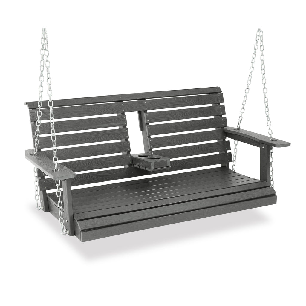 Poly Lumber 2-Seat Porch Swing, HIPS 4.5-Feet Bench Swing with Foldable Cup Holders,18/8 Stainless Steel Hardware, High Backrest and Deep Contoured Seat (Gray, 4.5-feet)
