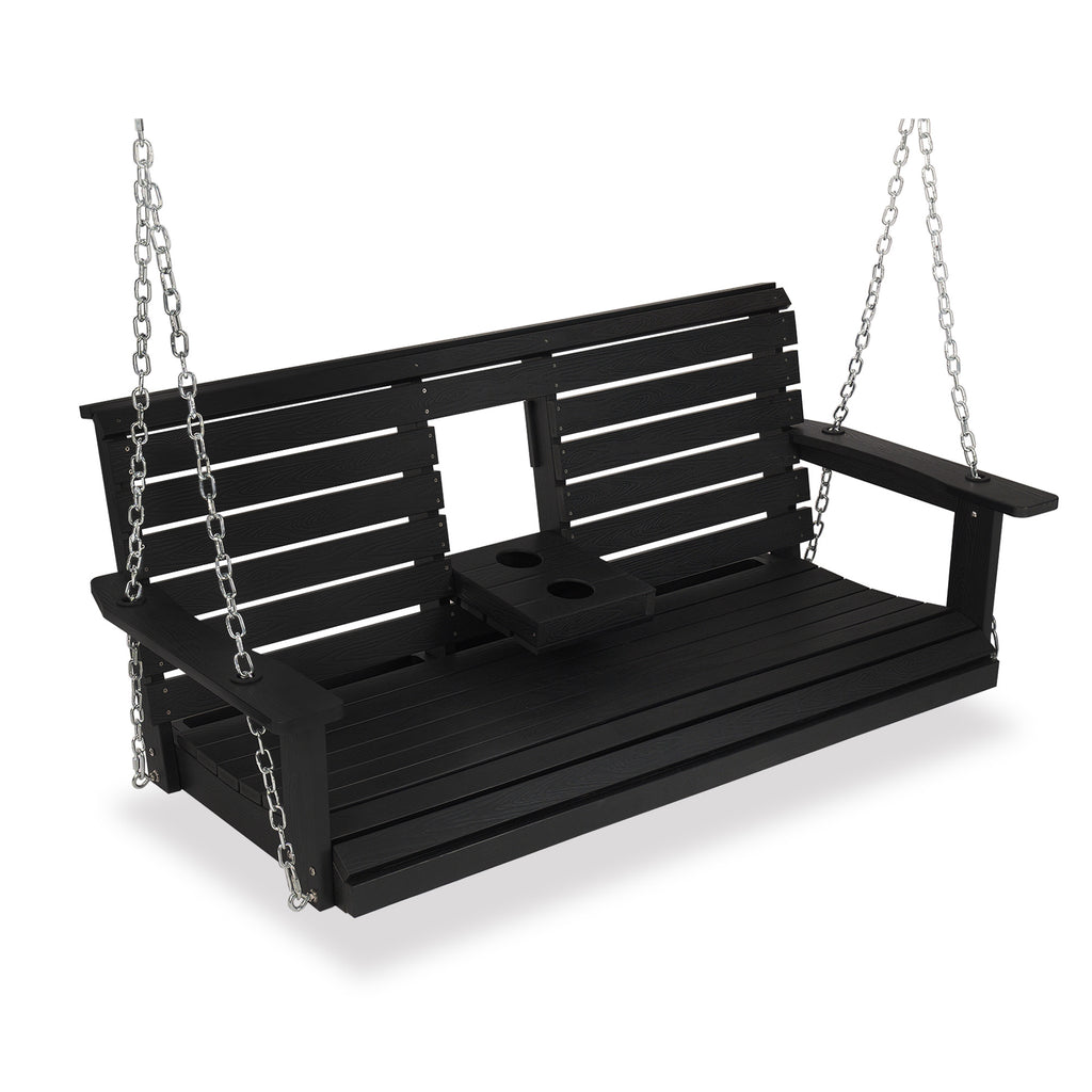 Poly Lumber 3-Seat Porch Swing, HIPS 5-Feet Bench Swing with Foldable Cup Holders,18/8 Stainless Steel Hardware, High Backrest and Deep Contoured Seat, Carbon Black