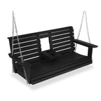 Poly Lumber 3-Seat Porch Swing, HIPS 5-Feet Bench Swing with Foldable Cup Holders,18/8 Stainless Steel Hardware, High Backrest and Deep Contoured Seat, Carbon Black