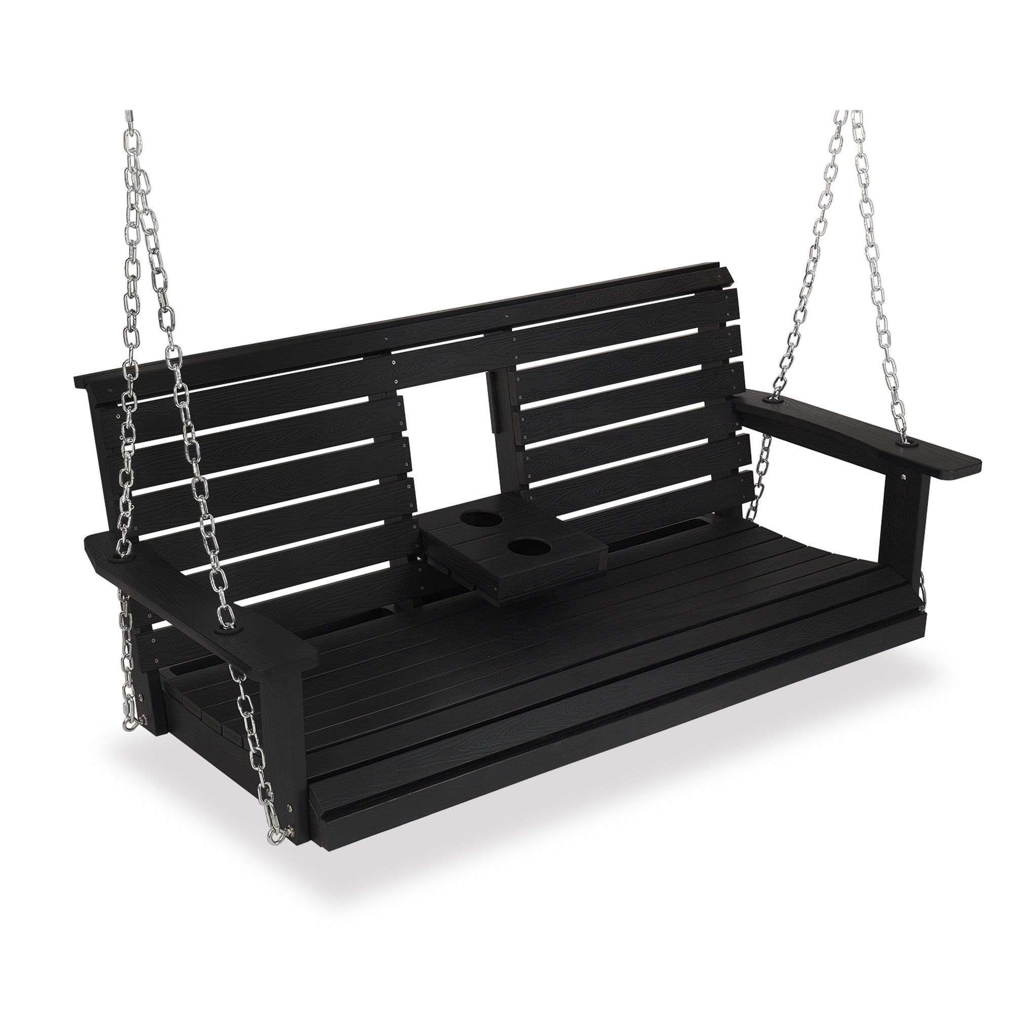 Poly Lumber 3-Seat Porch Swing, HIPS 5-Feet Bench Swing with Foldable Cup Holders,18/8 Stainless Steel Hardware, High Backrest and Deep Contoured Seat, Carbon Black