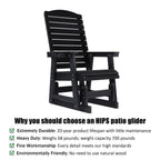 Poly Lumber Patio Glider for One Person, with Cup Holders, High Backrest and Deep Contoured Seat, HIPS Material, All-Weather Resistant, Heavy Duty 700 Pounds (Black)