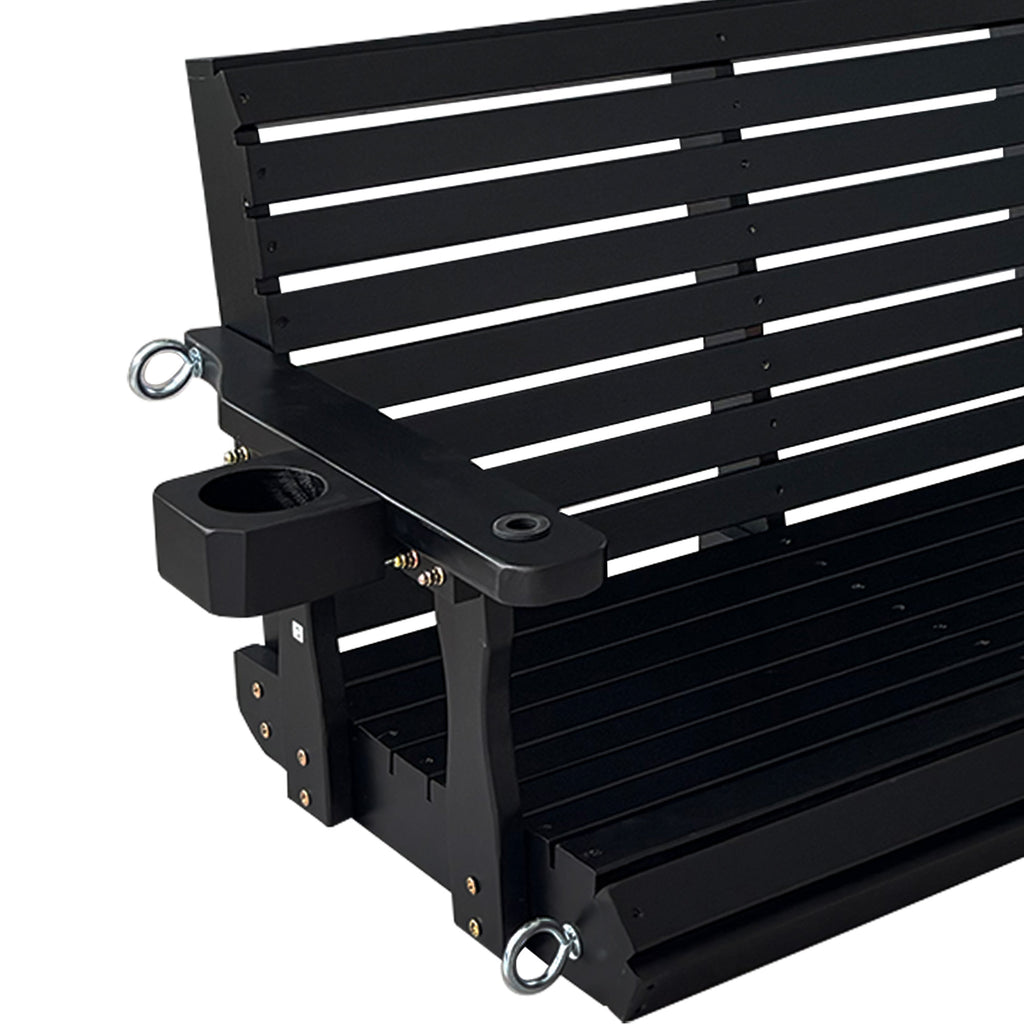 Wooden Porch Swing 3-Seater, High Backrest and Deep Seat, Bench Swing with Cupholders, Hanging Chains and 7mm Springs, Heavy Duty 880 LBS, for Outdoor Patio Garden (Carbon Black, 5 FT Extra Large)