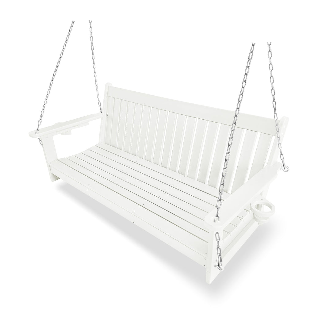 HDPE 3-Seater Porch Swing, 5-Feet Bench Swing with Foldable Cup Holders,18/8 Stainless Steel Hardware, High Backrest and Deep Contoured Seat (White, 5-feet)