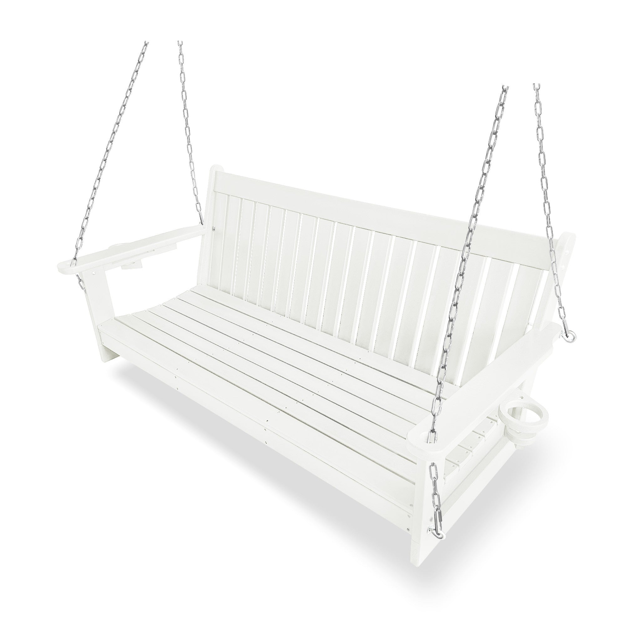 HDPE 3-Seater Porch Swing, 5-Feet Bench Swing with Foldable Cup Holders,18/8 Stainless Steel Hardware, High Backrest and Deep Contoured Seat (White, 5-feet)