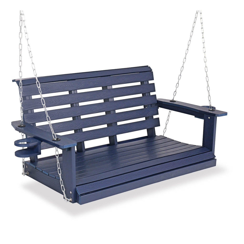 Poly Lumber 2-Seat Porch Swing, HIPS 4-Feet Bench Swing with Foldable Cup Holders,18/8 Stainless Steel Hardware, High Backrest and Deep Contoured Seat (Navy Blue, 4-feet)
