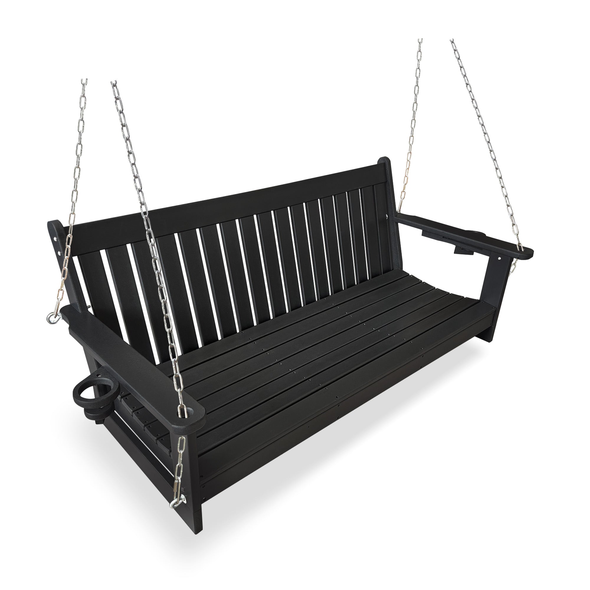 HDPE 3-Seater Porch Swing, 5-Feet Bench Swing with Foldable Cup Holders,18/8 Stainless Steel Hardware, High Backrest and Deep Contoured Seat (Black, 5-feet)