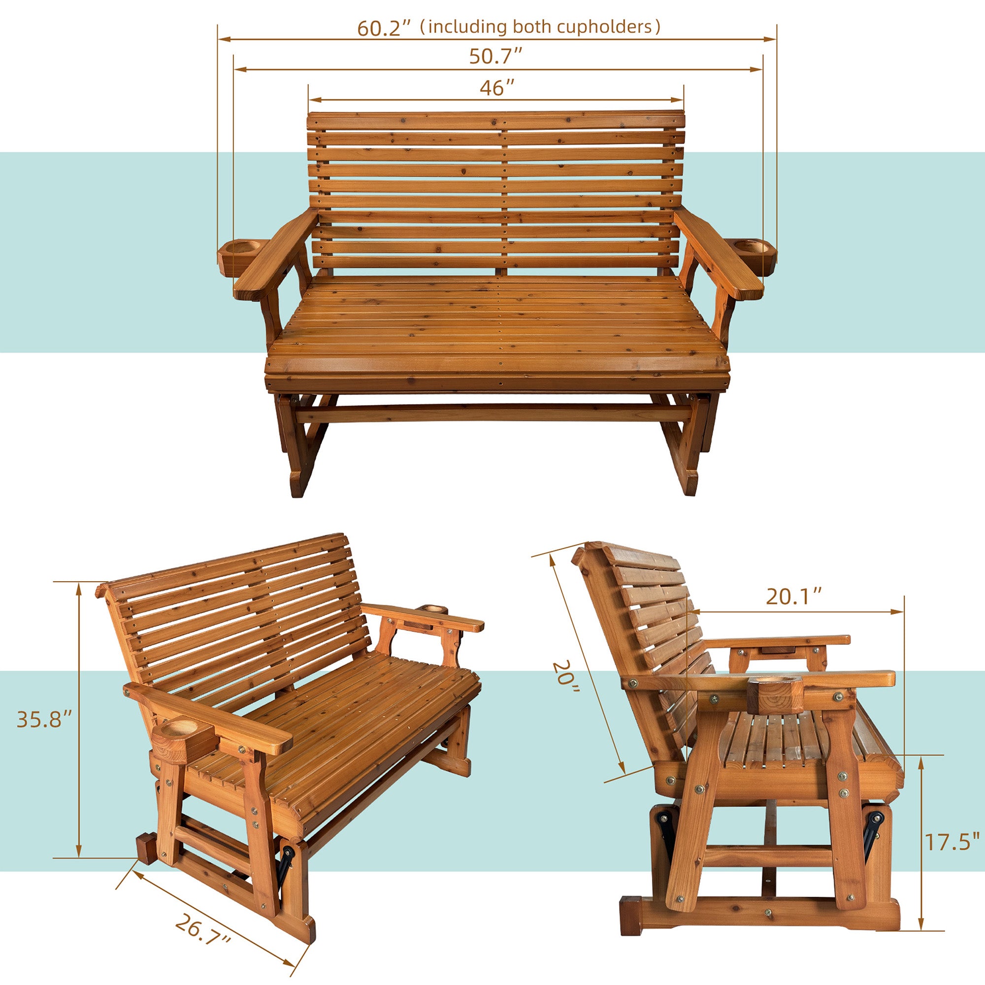 Fortune Candy Patio Glider with Cup Holders, High Roll Back and Deep Contoured Seat, Heavy Duty 800 Lb (Brown, 2-Seater)