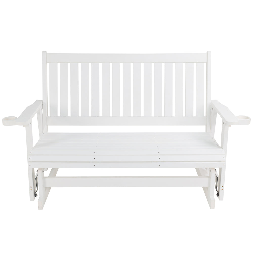 HIPS Patio Glider with Cup Holders, Durable Poly Lumber Material, All-Weather Resistant, High Backrest and Deep Contoured Seat, Heavy Duty 900 LB, for Outdoor, Porch, Patio (Ivory White, 3-Seat)