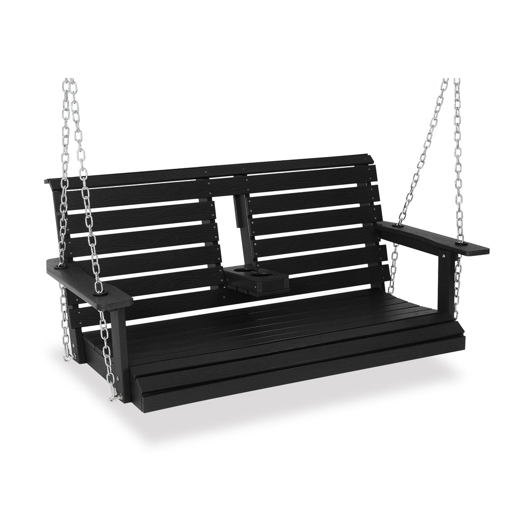 Poly Lumber 3-Seat Porch Swing, HIPS 5-Feet Bench Swing with Foldable Cup Holders,18/8 Stainless Steel Hardware, High Backrest and Deep Contoured Seat (Carbon Black, 4.5-feet)