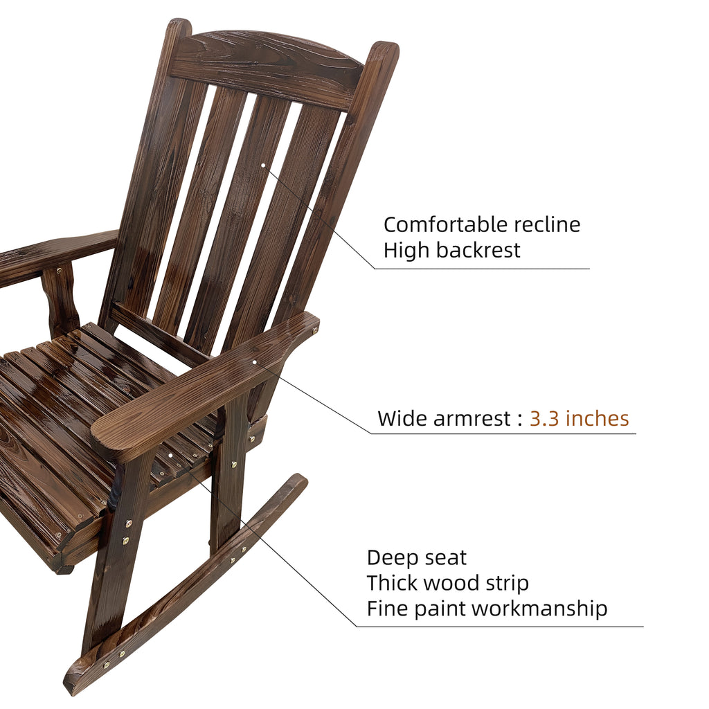 Wooden Patio Rocking Chair with Comfortable Backrest Inclination, High Backrest and Deep Contoured Seat, Solid Fir Wood, Heavy Duty 600 LBS, for Both Outdoor and Indoor (Deep Brown - 2 Pieces)