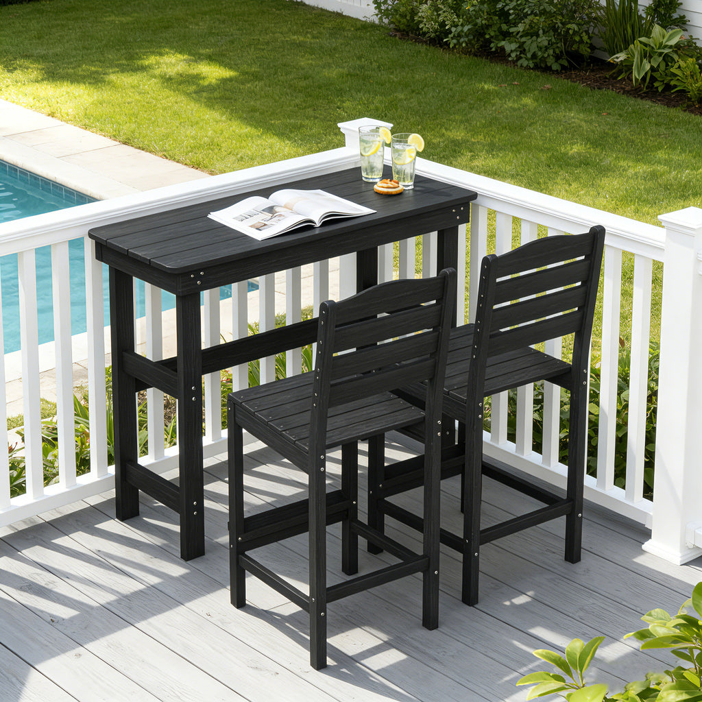 HDPE Patio Bar Set, Outdoor Bar Stools with Table, Weather Resistant, for Poolside, Garden, Yard, Balcony (Black, 3 Piece with Backrest)