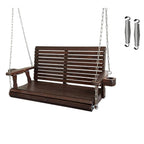 Wooden Porch Swing 2-Seater, High Backrest and Deep Seat, Bench Swing with Cupholders, Hanging Chains and 7mm Springs, Heavy Duty 880 LBS, for Outdoor Patio Garden (Deep Brown, 4 FT Extra Large)