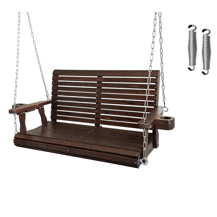 Wooden Porch Swing 2-Seater, High Backrest and Deep Seat, Bench Swing with Cupholders, Hanging Chains and 7mm Springs, Heavy Duty 880 LBS, for Outdoor Patio Garden (Deep Brown, 4 FT Extra Large)