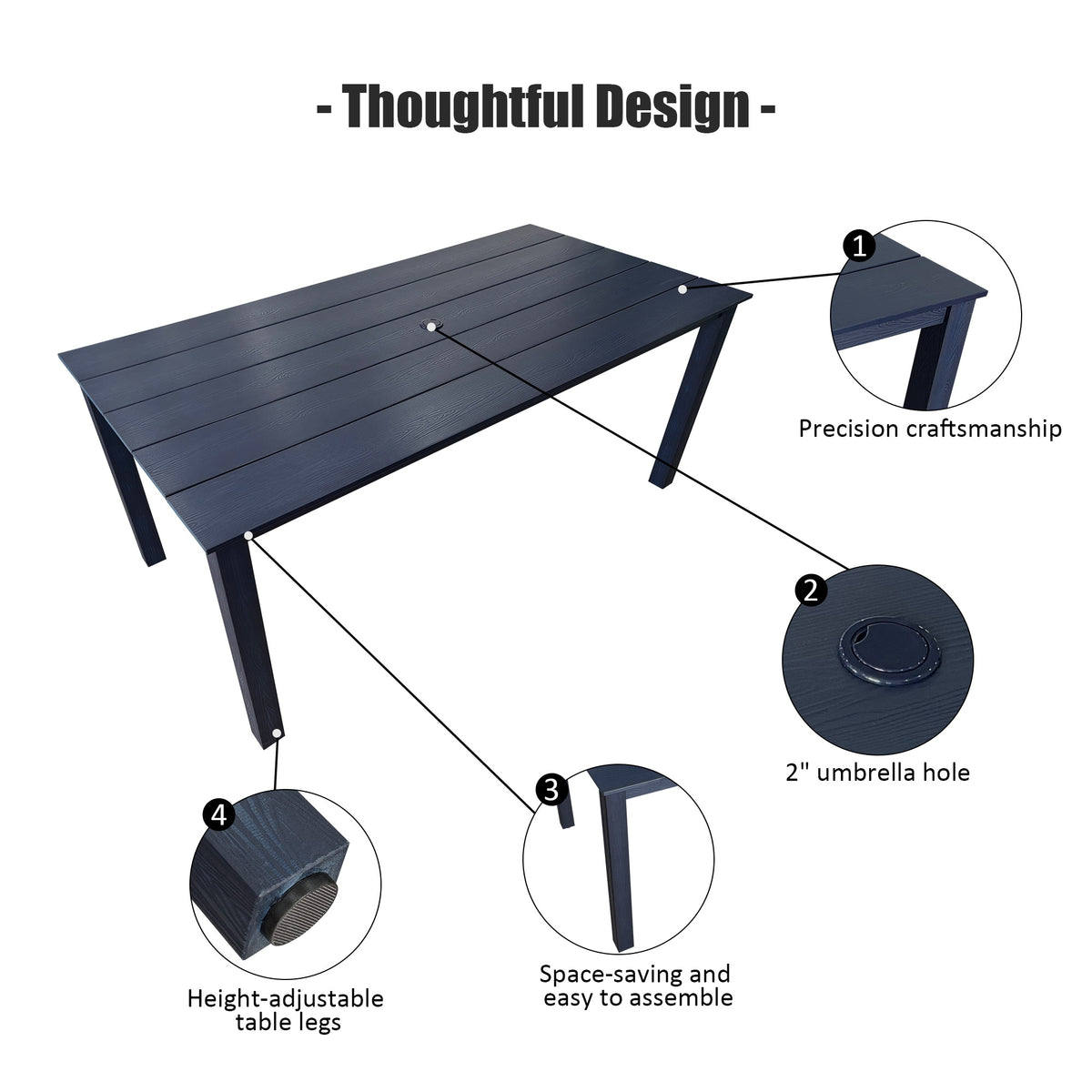 70.9-Inches Poly Lumber Outdoor Dining Table, HIPS Patio Dining Table with Umbrella Hole, Weather Resistant (Navy Blue, 1 Piece)