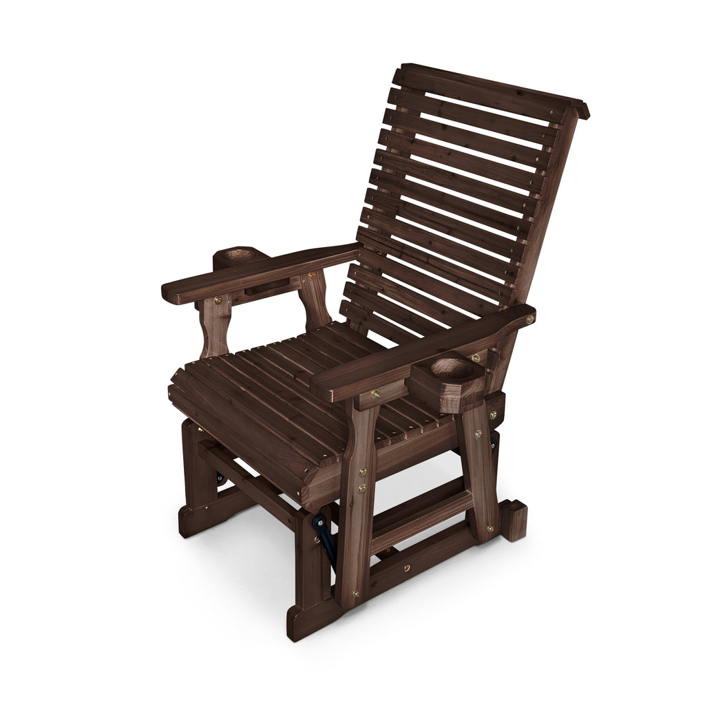 Wooden Patio Glider for One Person, with High Back and Deep Contoured Seat, Solid Fir Wood, Heavy Duty 600 LBS (Slat Back, Deep Brown)