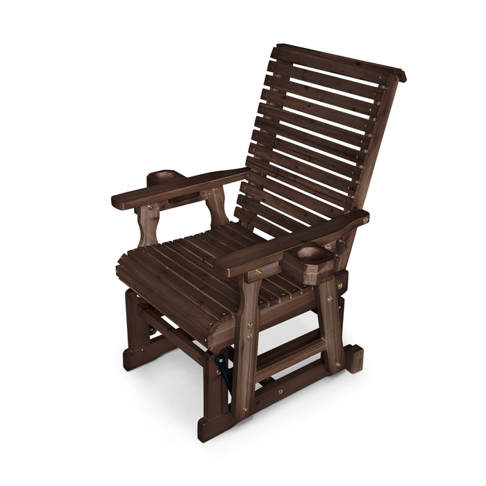 Wooden Patio Glider for One Person, with High Back and Deep Contoured Seat, Solid Fir Wood, Heavy Duty 606 LBS (Slat Back, Deep Brown)