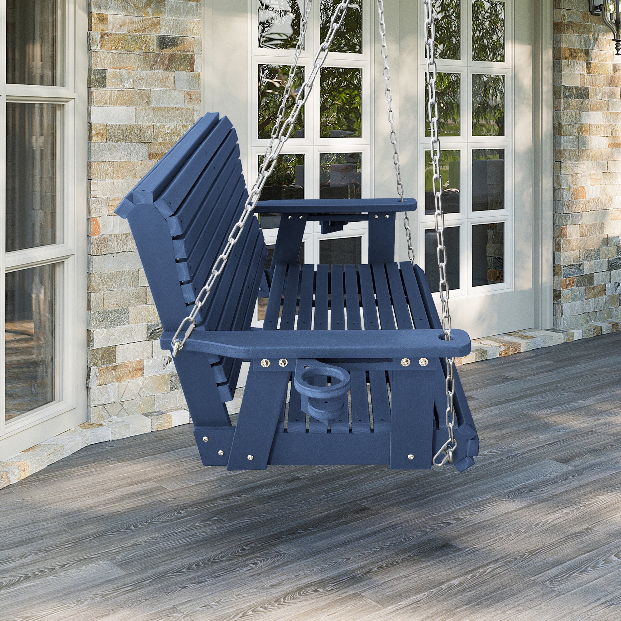 HDPE Porch Swing with 18/8 Stainless Steel Bolts, Ergonomic Design, Ultra Weather-Resistant, Heavy Duty 1200 LBS, for Outdoor Patio Garden Yard（Navy Blue）