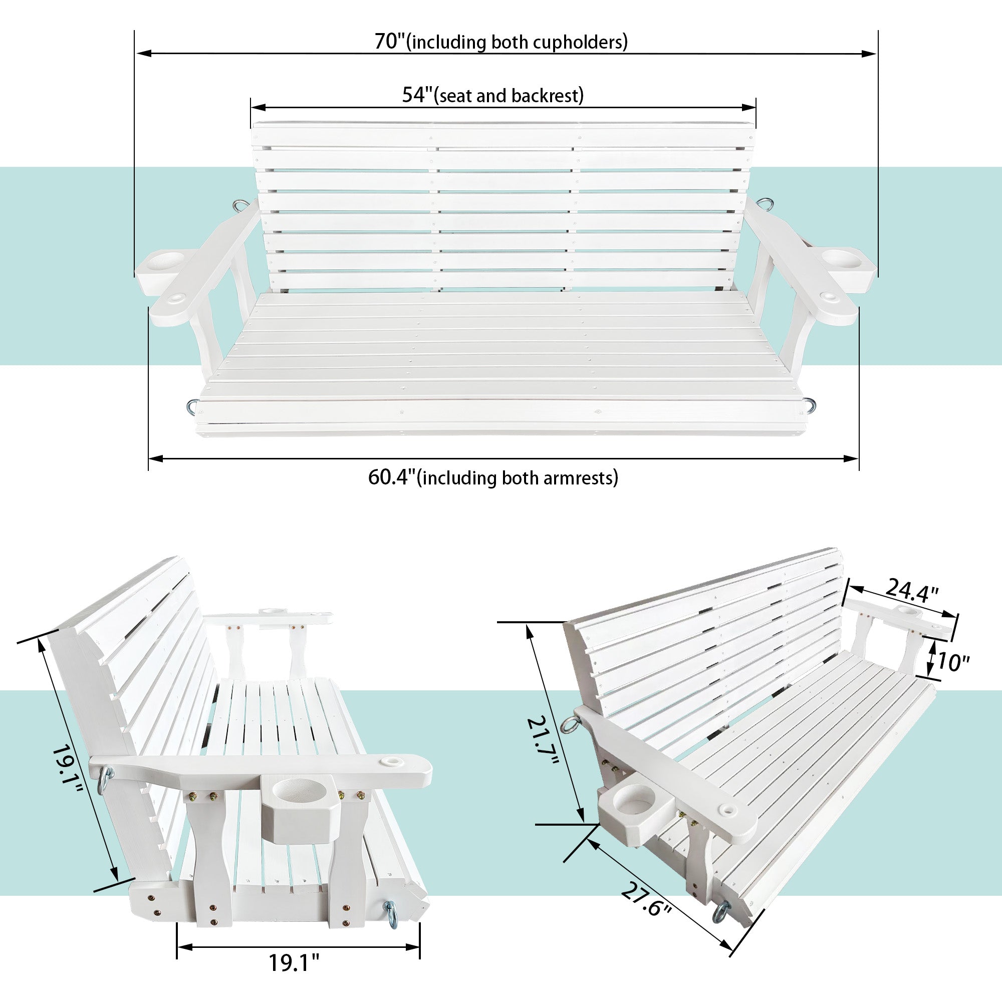 Wooden Porch Swing 3-Seater, High Backrest and Deep Seat, Bench Swing with Cupholders, Hanging Chains and 7mm Springs, Heavy Duty 880 LBS, for Outdoor Patio Garden (Pure White, 5 FT Extra Large)
