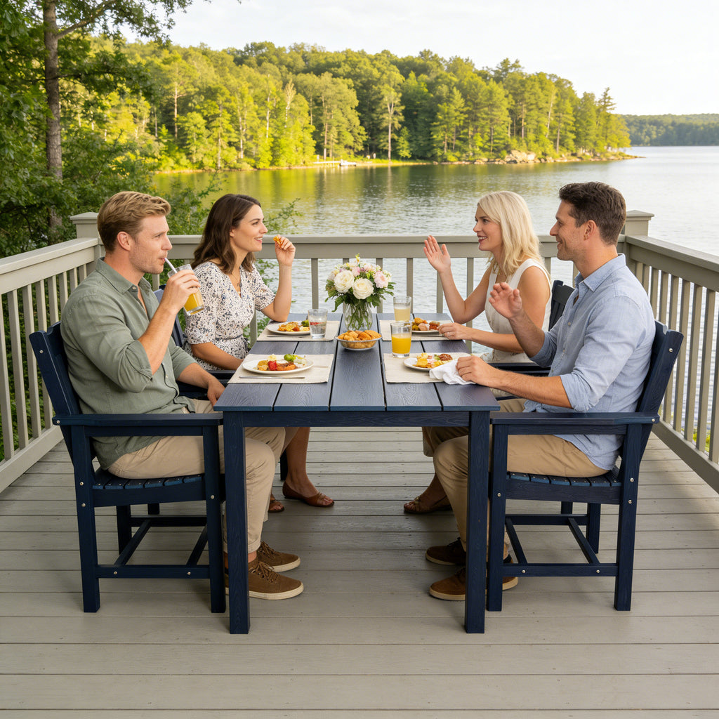 Modern HDPE Patio Dining Set, Poly Lumber Table and Chair, with Umbrella Hole, Weather Resistant, for Outdoor, Yard, Lawn (5 Piece, Navy Blue)