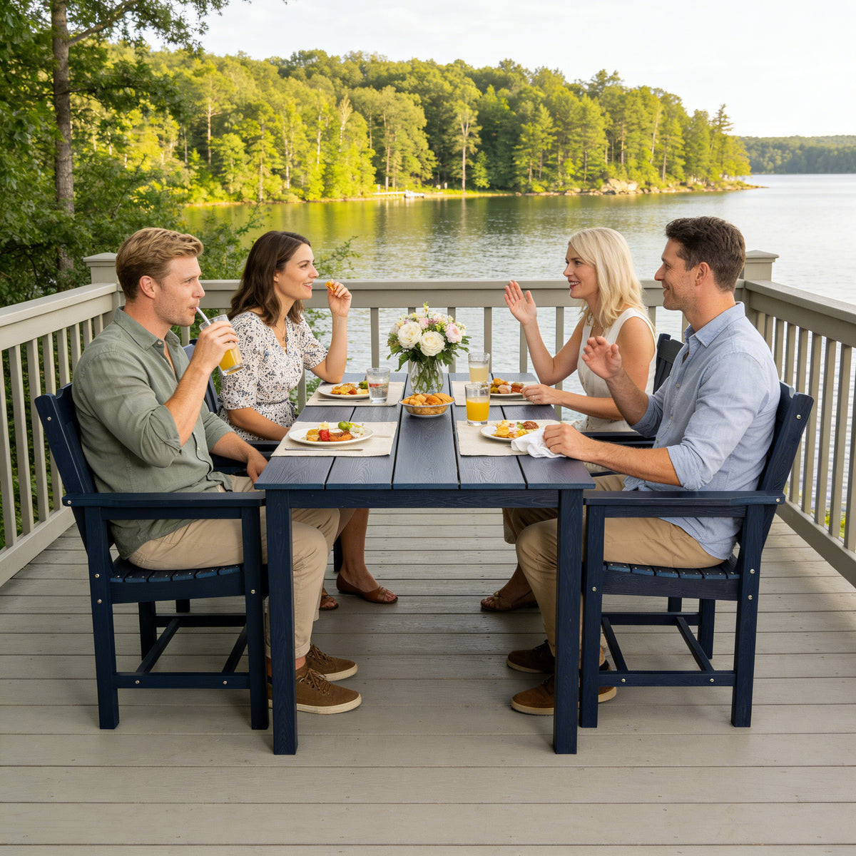 Modern HDPE Patio Dining Set, Poly Lumber Table and Chair, with Umbrella Hole, Weather Resistant, for Outdoor, Yard, Lawn (5 Piece, Navy Blue)