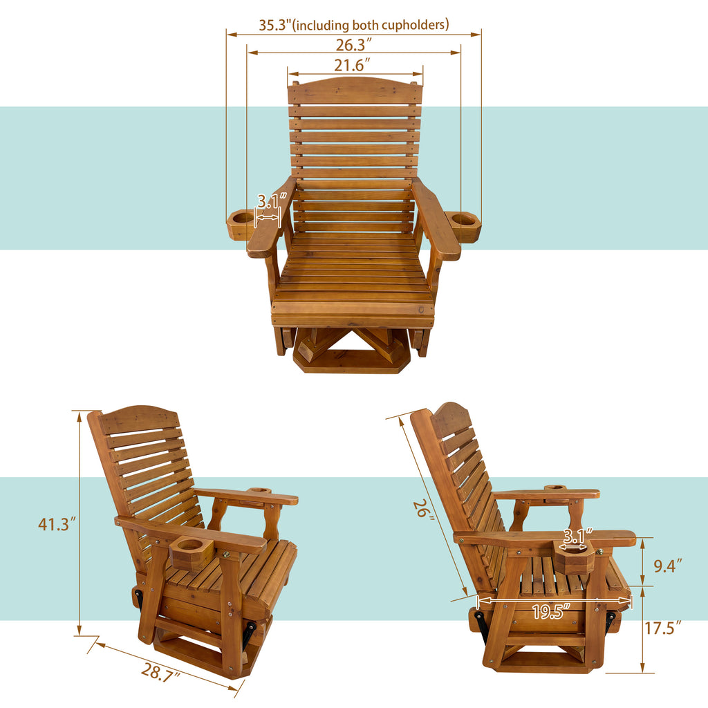 Wooden Swivel Glider Chair, 360° Outdoor Patio Rocker with Ergonomic Design, Smooth Gliding Motion, Solid Fir Wood, Weather-Resistant PU Finish, Heavy Duty 500 LBS (Teak Tone)