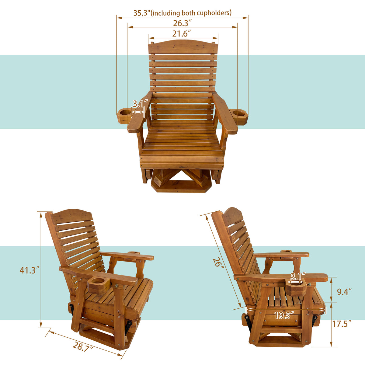 Wooden Swivel Glider Chair, 360° Outdoor Patio Rocker with Ergonomic Design, Smooth Gliding Motion, Solid Fir Wood, Weather-Resistant PU Finish, Heavy Duty 500 LBS (Teak Tone)