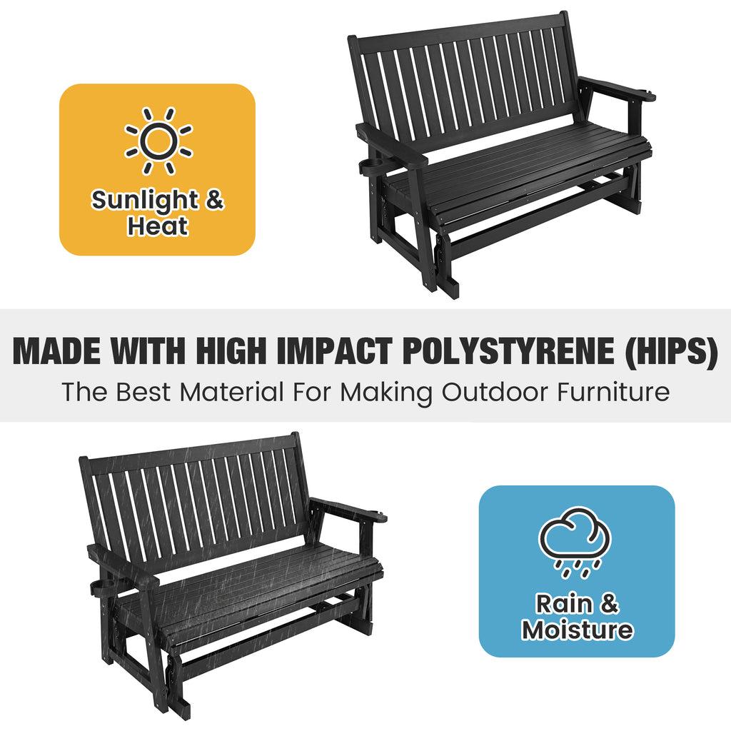 HIPS Patio Glider with Cup Holders, All-Weather Resistant, High Backrest and Deep Contoured Seat, Heavy Duty 900 LB (3 Seat - Carbon Black)