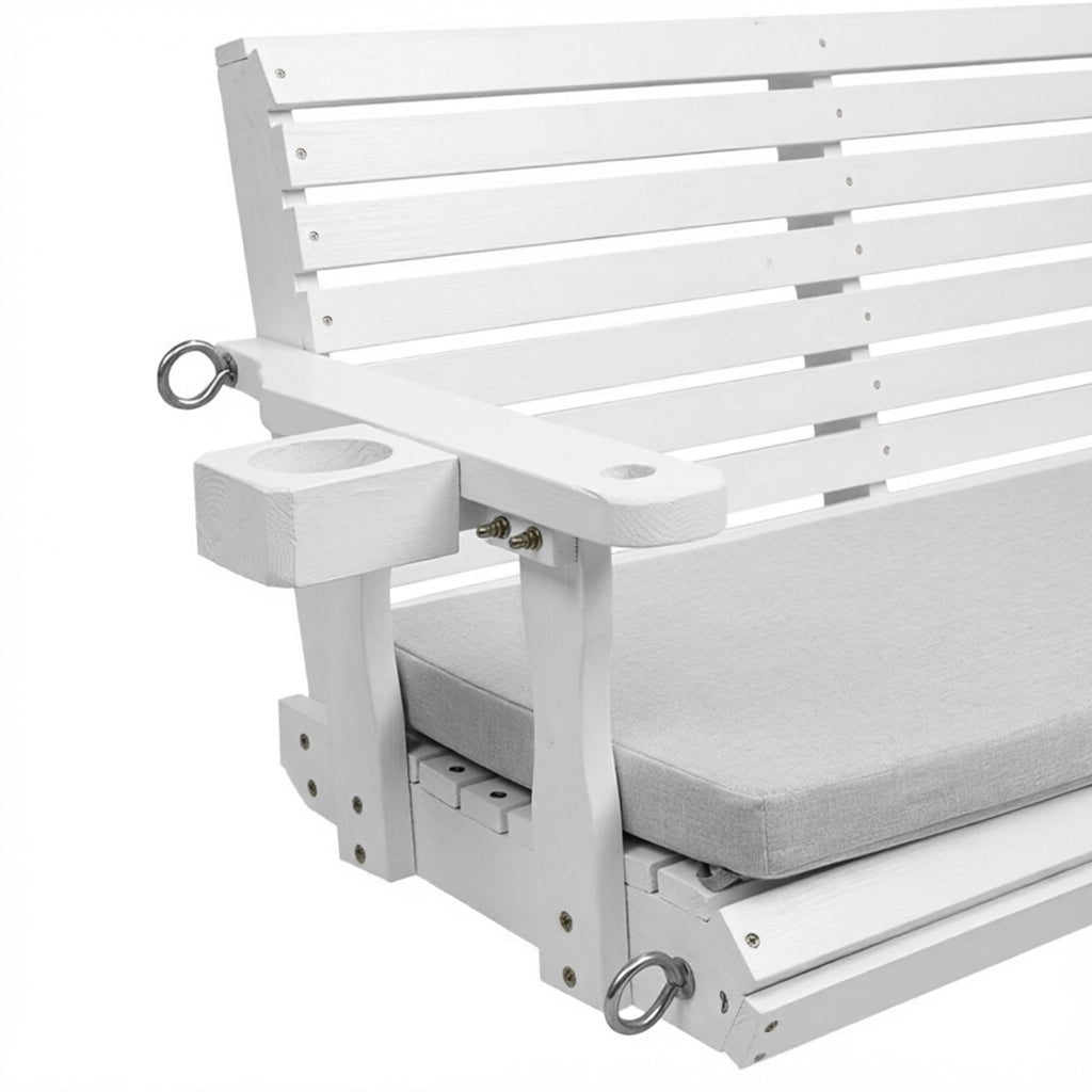 Fortune Candy Extended 3-Seater Wooden Porch Swing with Seat Cushion, Cup Holders, Hanging Chains and 7mm Springs, Heavy Duty 880 LBS (White, 5.5 FT)