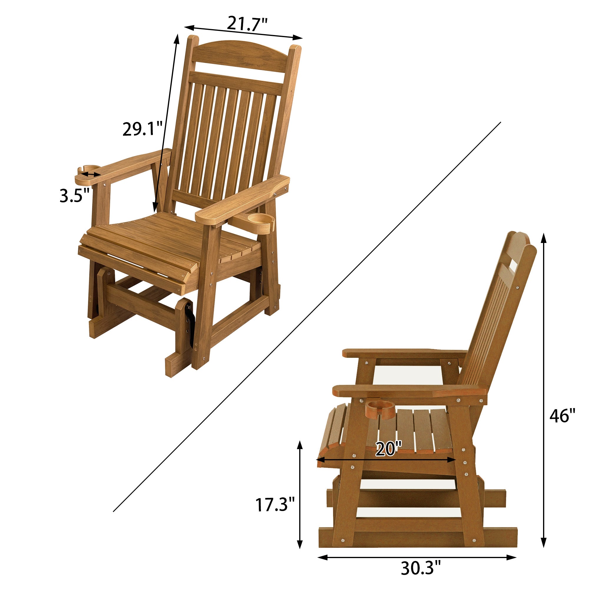 Poly Lumber Patio Glider for One Person, with Cup Holders, High Backrest and Deep Contoured Seat, HIPS Material, All-Weather Resistant, Heavy Duty 700 LBS (Light Brown)