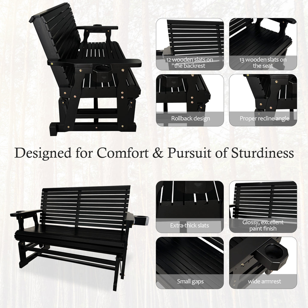 Fortune Candy Patio Glider with Cup Holders, High Roll Back and Deep Contoured Seat,Heavy Duty 800 Lb (Black, 2-Seater)