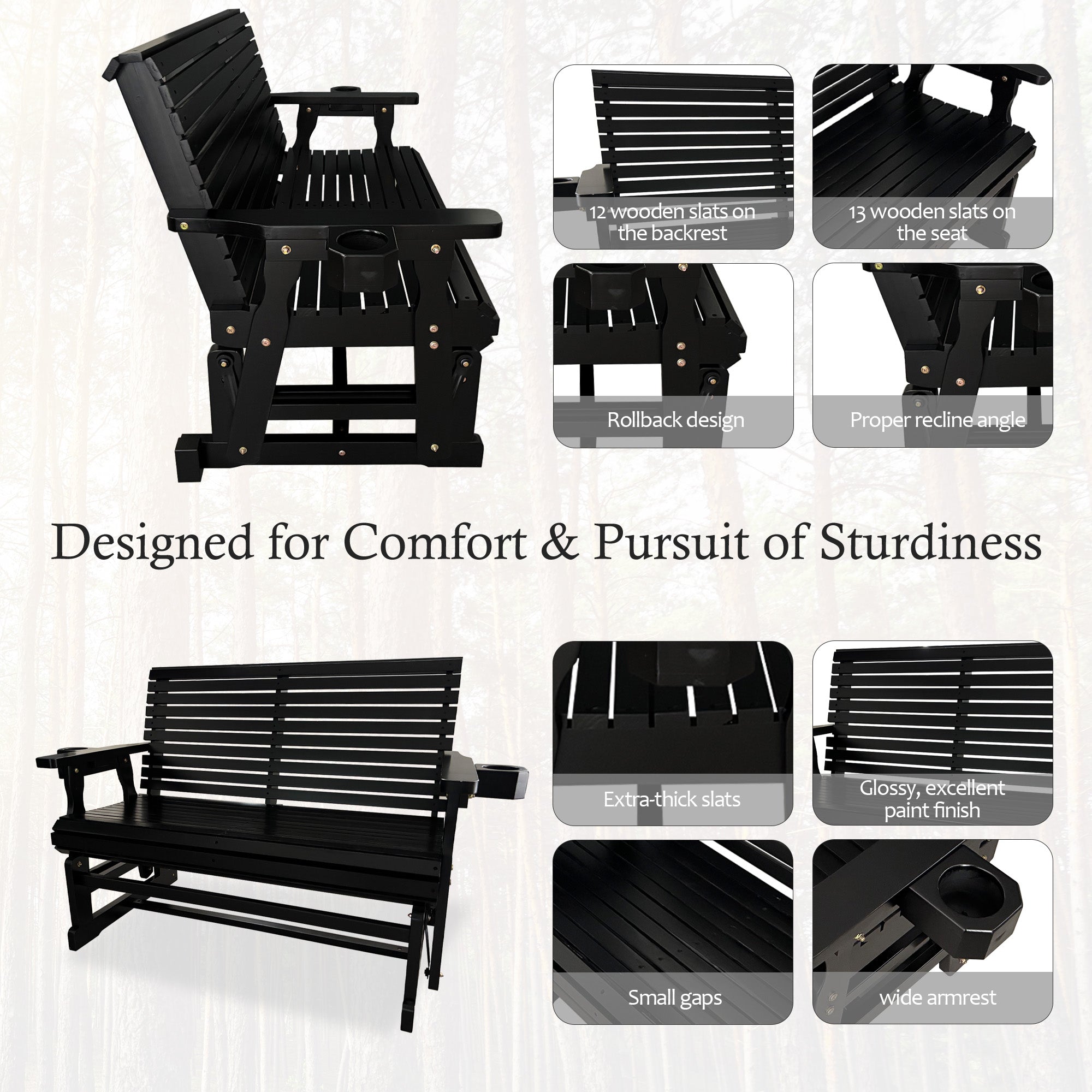 Fortune Candy Patio Glider with Cup Holders, High Roll Back and Deep Contoured Seat,Heavy Duty 800 Lb (Black, 2-Seater)