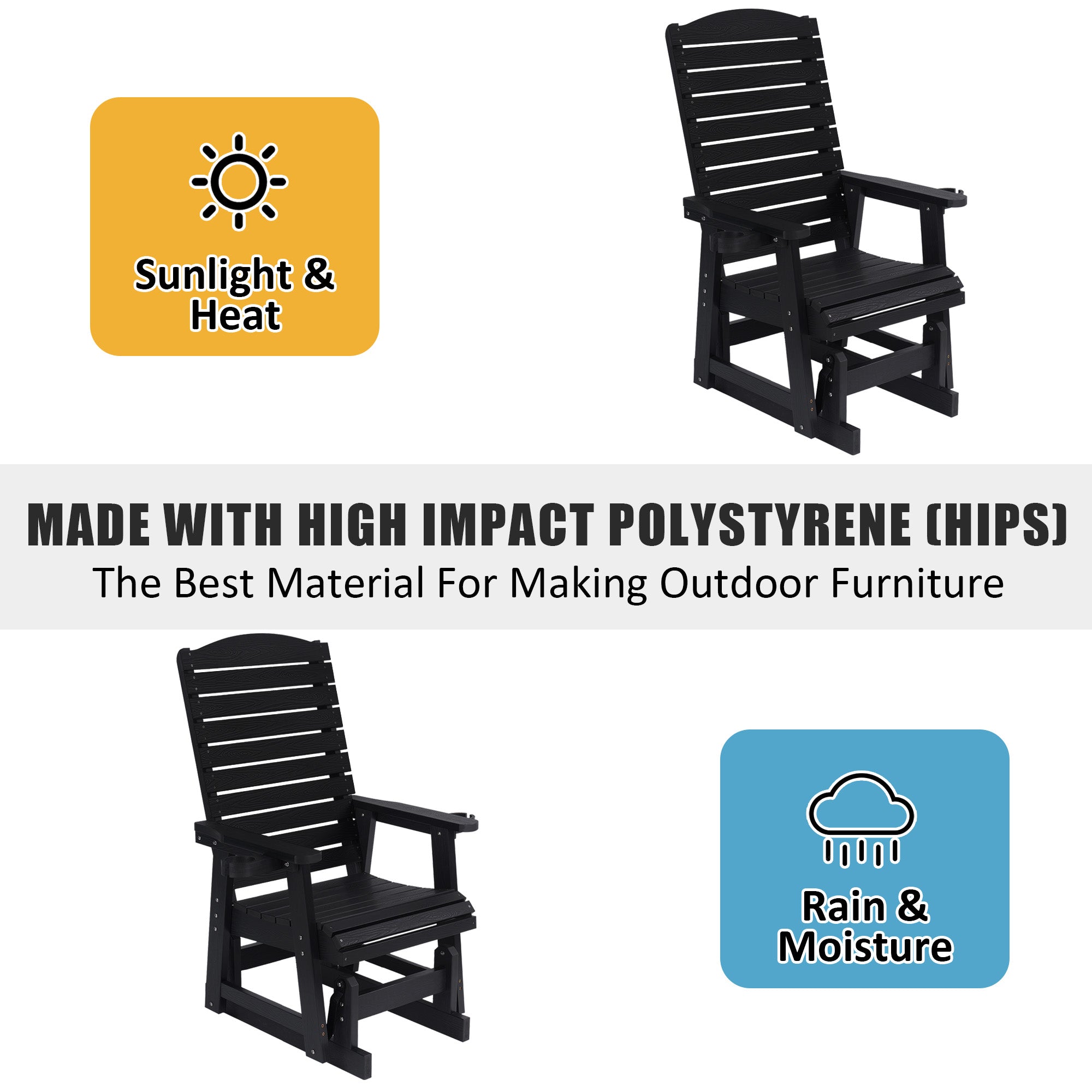 Poly Lumber Patio Glider for One Person, with Cup Holders, High Backrest and Deep Contoured Seat, HIPS Material, All-Weather Resistant, Heavy Duty 700 Pounds (Black)