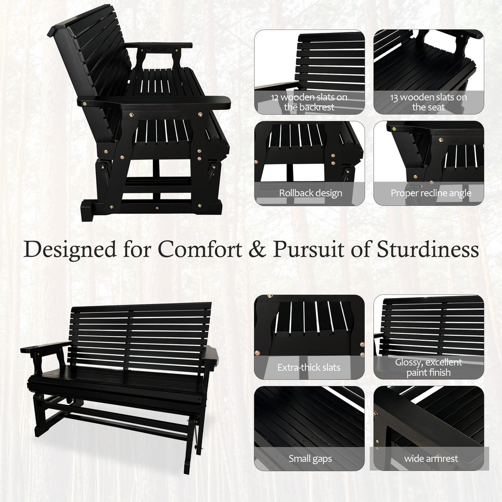 Wooden Patio Glider with High Roll Back and Deep Contoured Seat, Solid Fir Wood, 2-Seater, Heavy Duty 800 LBS, 4 Ft. (Carbon Black)