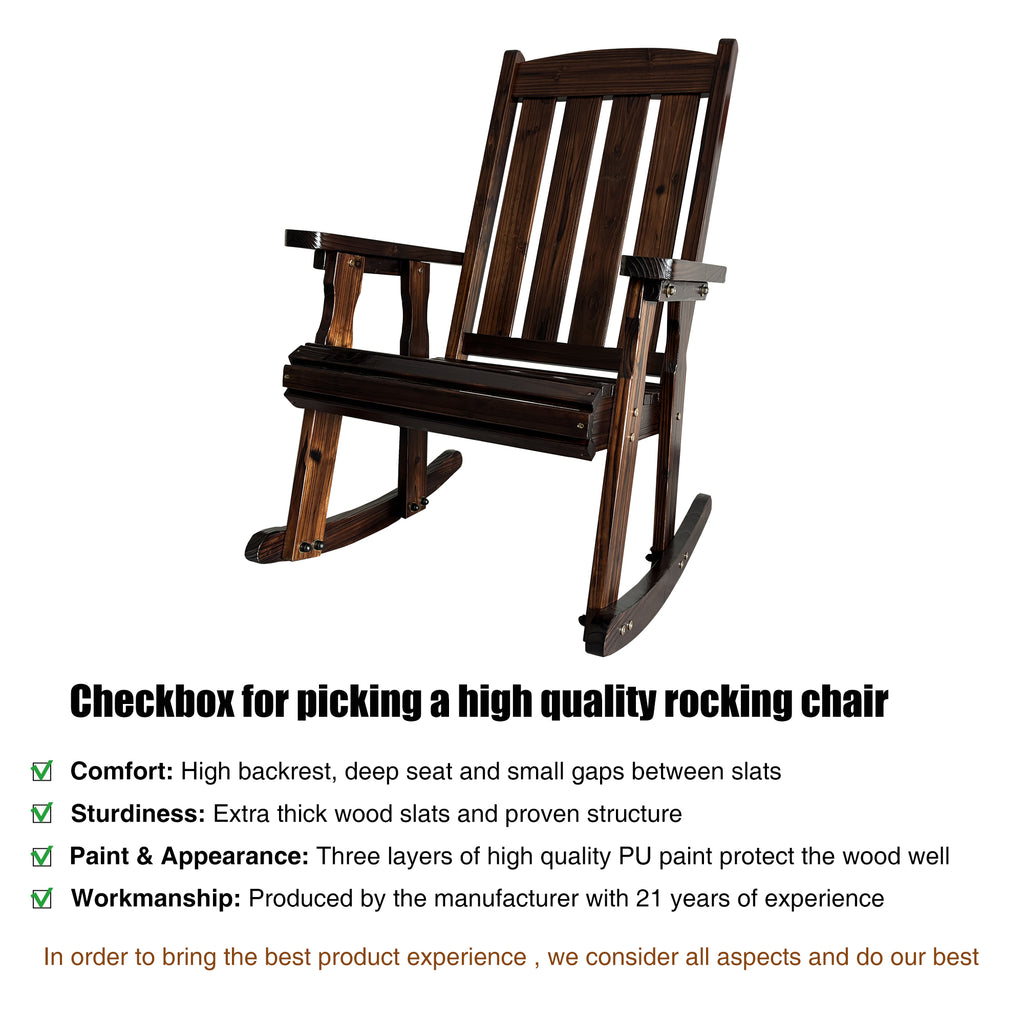 Wooden Rocking Chair with Comfortable Backrest Inclination, High Backrest and Deep Contoured Seat, Solid Fir Wood, Heavy Duty 600 LBS, for Both Outdoor and Indoor, Porch and Patio (Rustic)