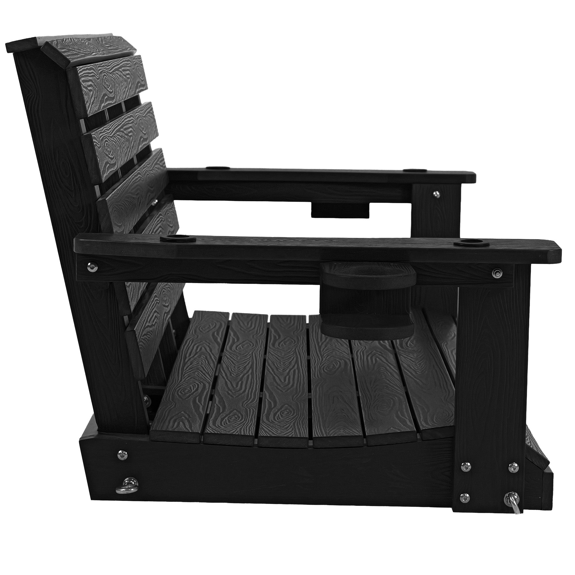 Poly Lumber 2-Seat Porch Swing, HIPS 4-Feet Bench Swing with Foldable Cup Holders,18/8 Stainless Steel Hardware, High Backrest and Deep Contoured Seat (Carbon Black, 4-feet)