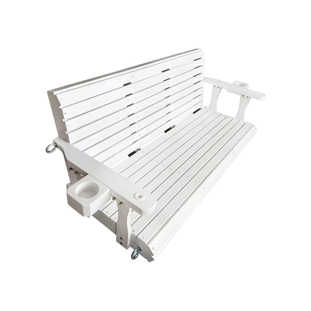 Wooden Porch Swing 3-Seater, High Backrest and Deep Seat, Bench Swing with Cupholders, Hanging Chains and 7mm Springs, Heavy Duty 880 LBS, for Outdoor Patio Garden (Pure White, 5 FT Extra Large)