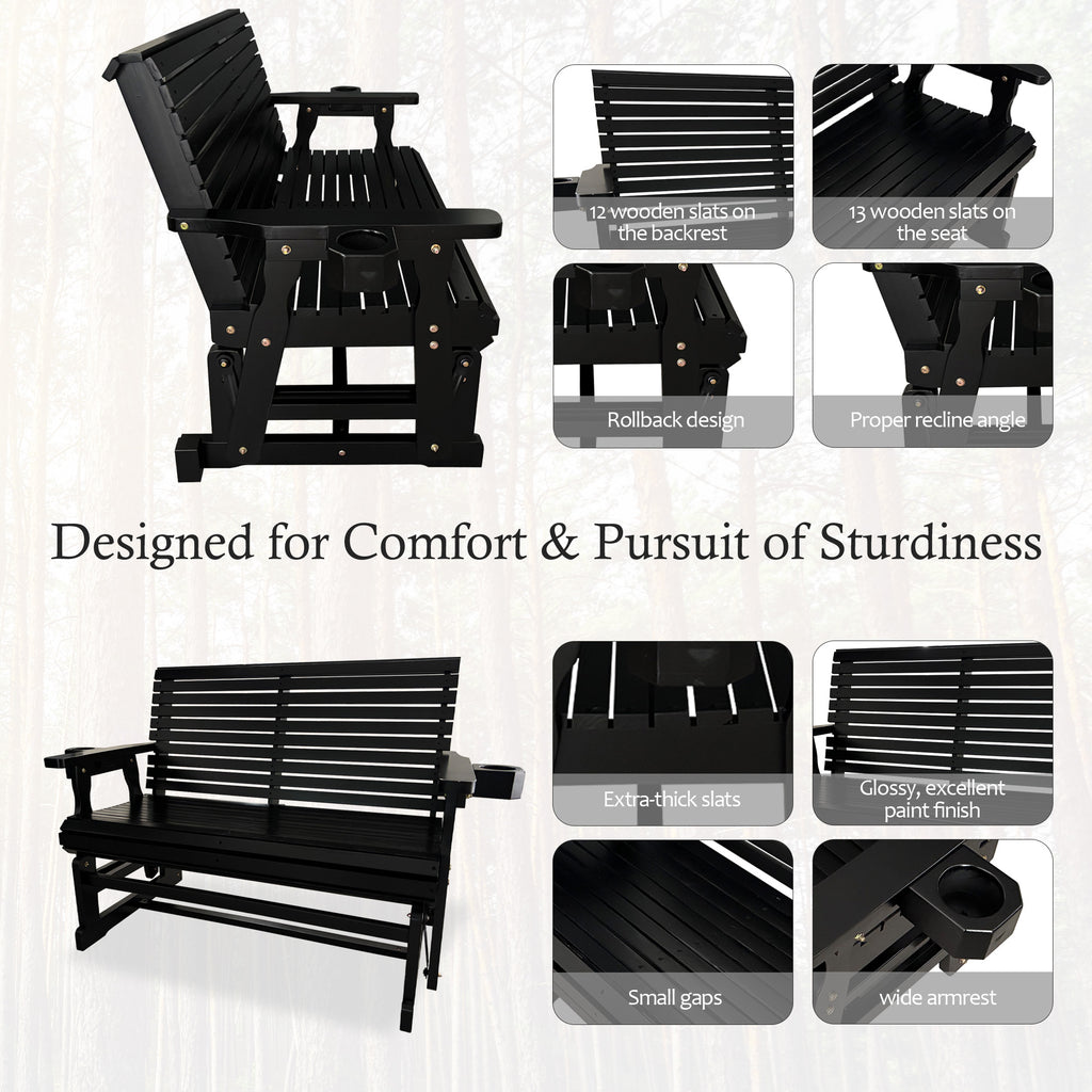 Fortune Candy Patio Glider with Cup Holders, High Roll Back and Deep Contoured Seat,Heavy Duty 800 Lb (Black, 4-feet)