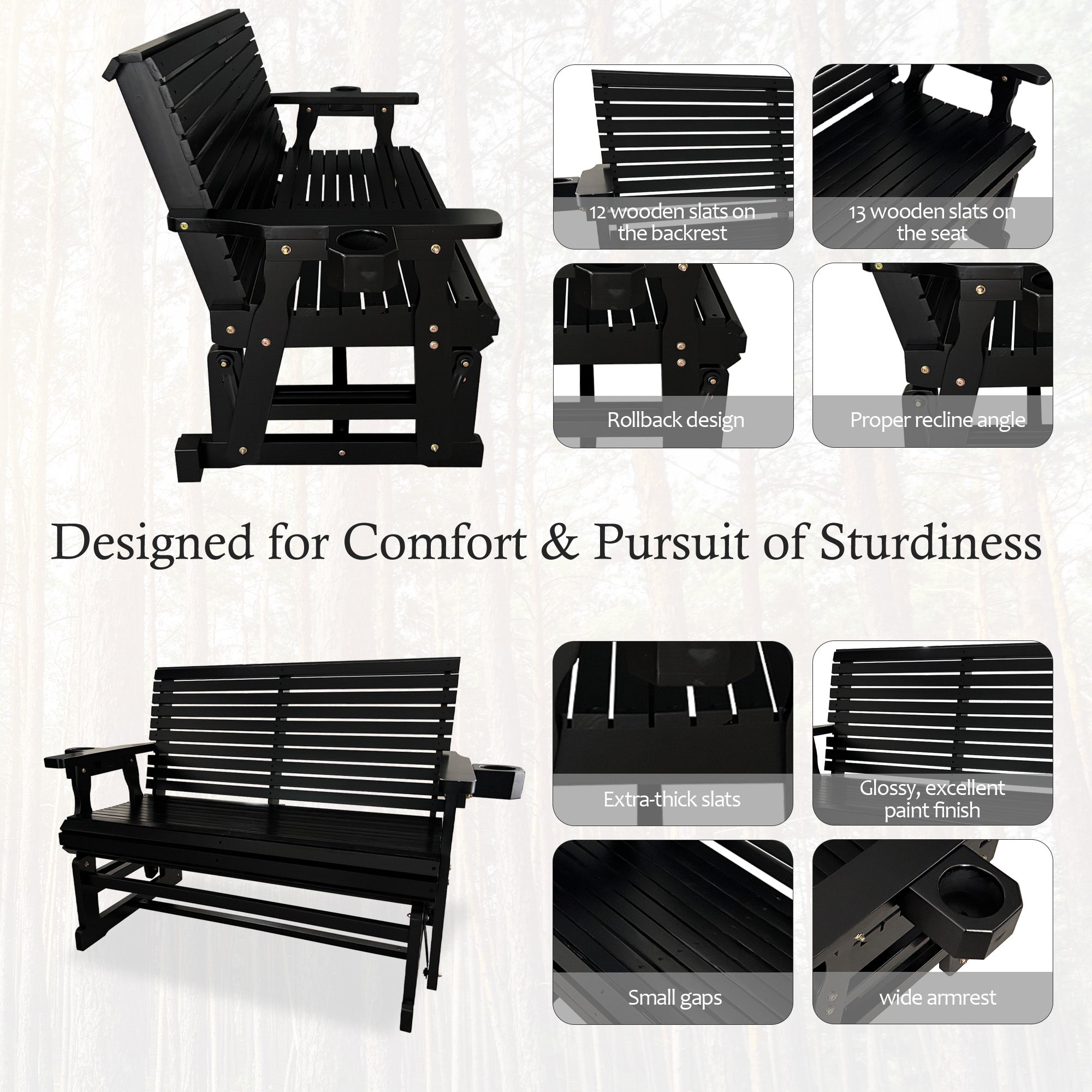 Fortune Candy Patio Glider with Cup Holders, High Roll Back and Deep Contoured Seat,Heavy Duty 800 Lb (Black, 4-feet)