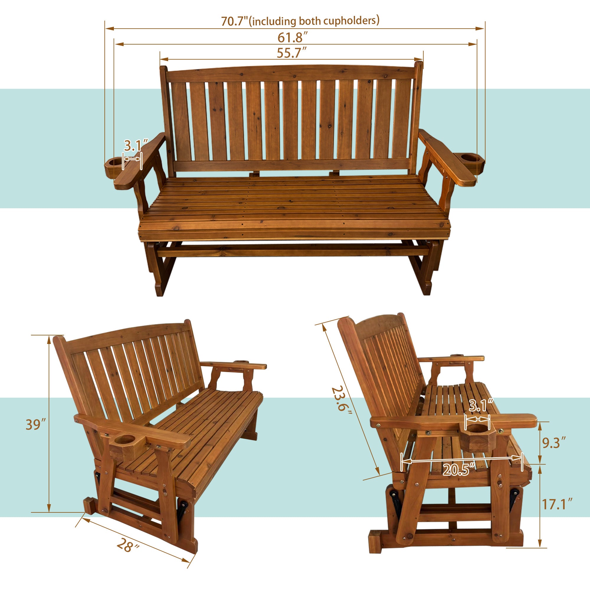 Fortune Candy Patio Glider, with Cup Holders, High Back and Deep Contoured Seat, Heavy Duty 800 Lb (Teak Tone, 3-Seater)