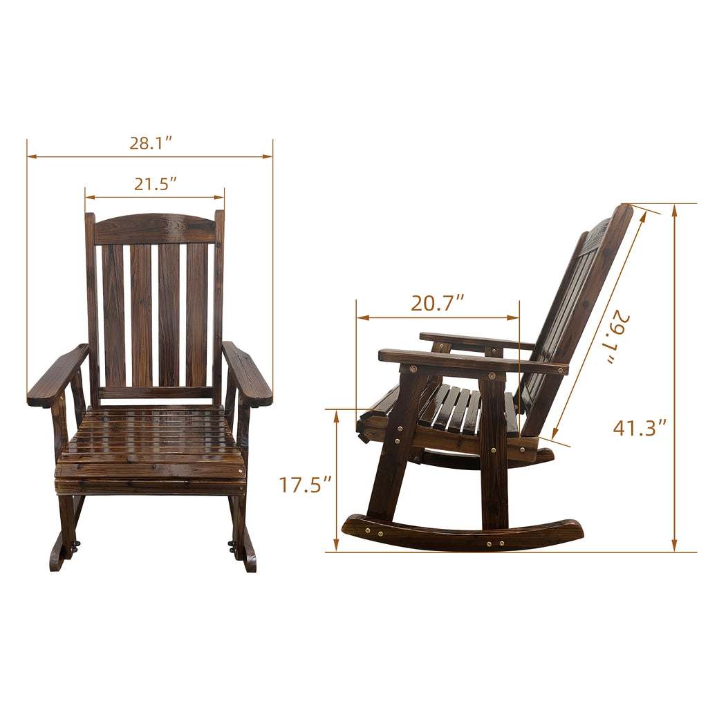 Wooden Patio Rocking Chair with Comfortable Backrest Inclination, High Backrest and Deep Contoured Seat, Solid Fir Wood, Heavy Duty 600 LBS, for Both Outdoor and Indoor (Deep Brown - 2 Pieces)