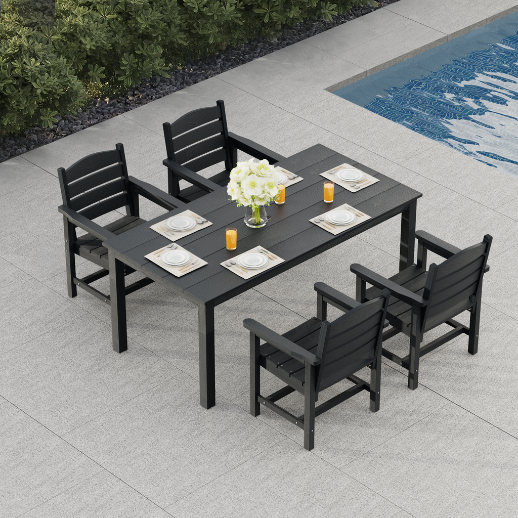 Poly Lumber Patio Dining Set, HIPS Outdoor Dining Table and Chairs, with Umbrella Hole, Weather Resistant (5 Piece, Black)