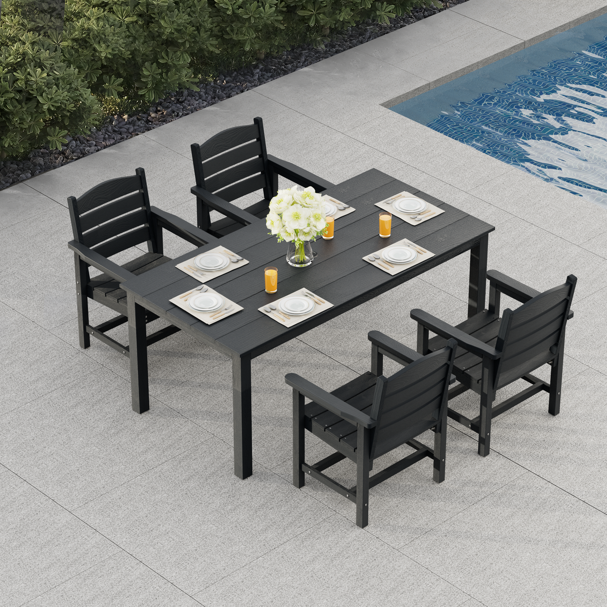 Poly Lumber Patio Dining Set, HIPS Outdoor Dining Table and Chairs, with Umbrella Hole, Weather Resistant (5 Piece, Black)
